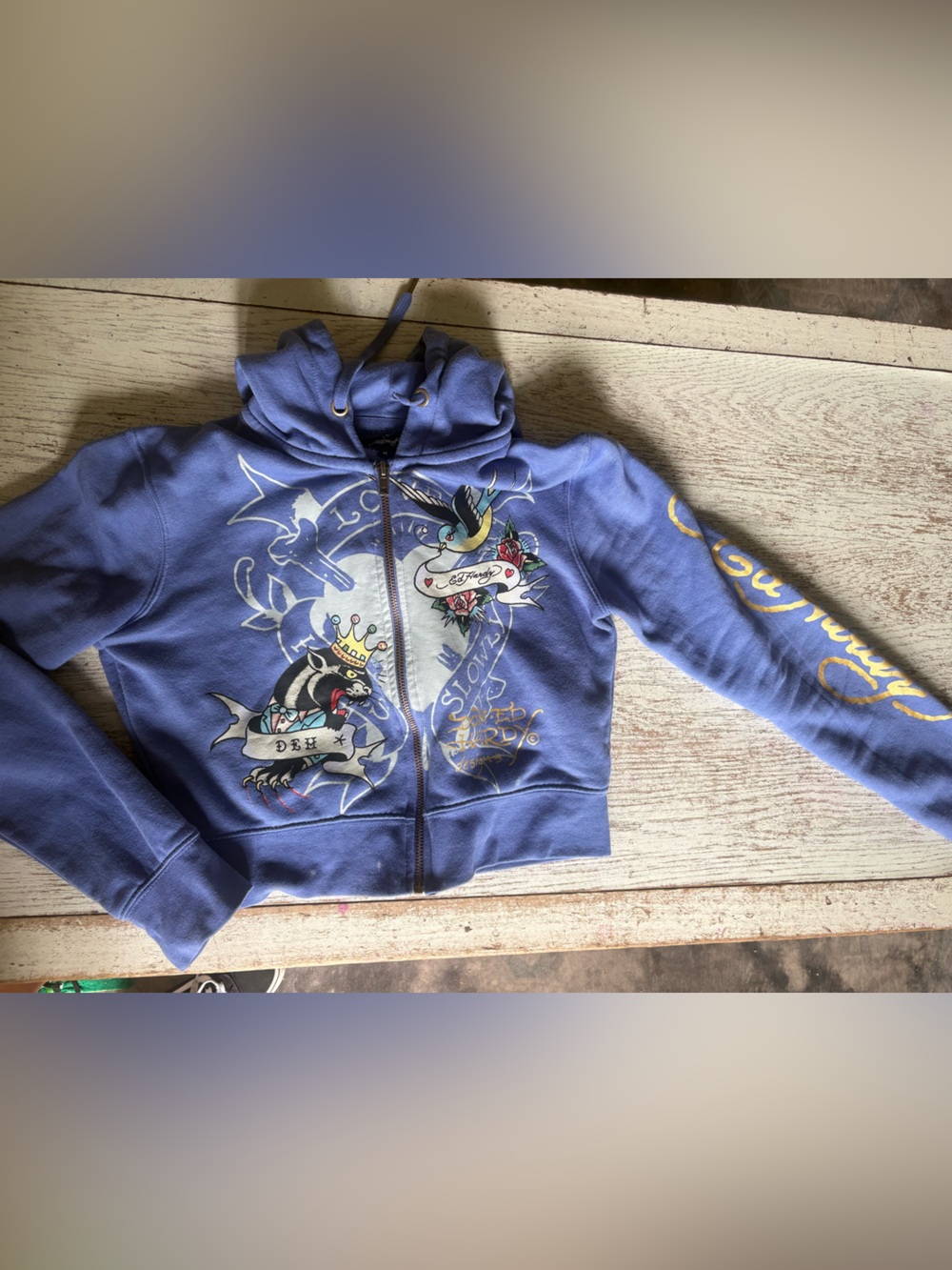 Ed Hardy Blue Cropped Zip Hoodie with Graphic Accents